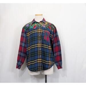 Vintage 90s Top Colorful Mixed Plaid Embroidered Floral Flannel Misses Size S
